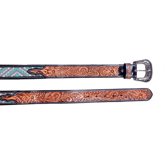 6457 Western Tooled Leather Beaded Belt For Men And Women 30is107-40 - Picture 3 of 6